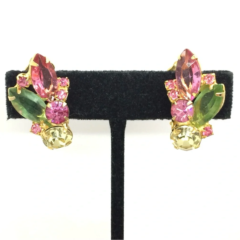 VINTAGE PINK GREEN RHINESTONE GOLD TONE CLIP ON EARRINGS MCM MID CENTURY MODERN
